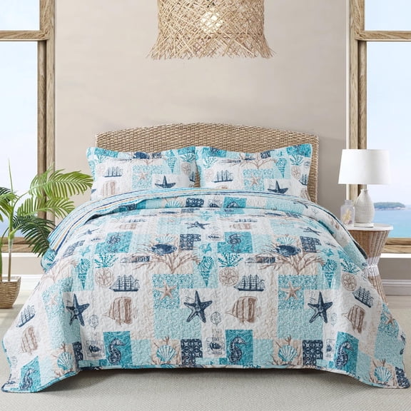 NEWLAKE Coastal 3-Piece Oceanic Quilt Bedding Sets King Size Bedspread Sets