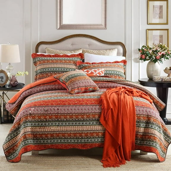 NEWLAKE Cotton Bedspread King Quilt Sets Reversible Patchwork Coverlet Set, Red Striped Jacquard Pattern