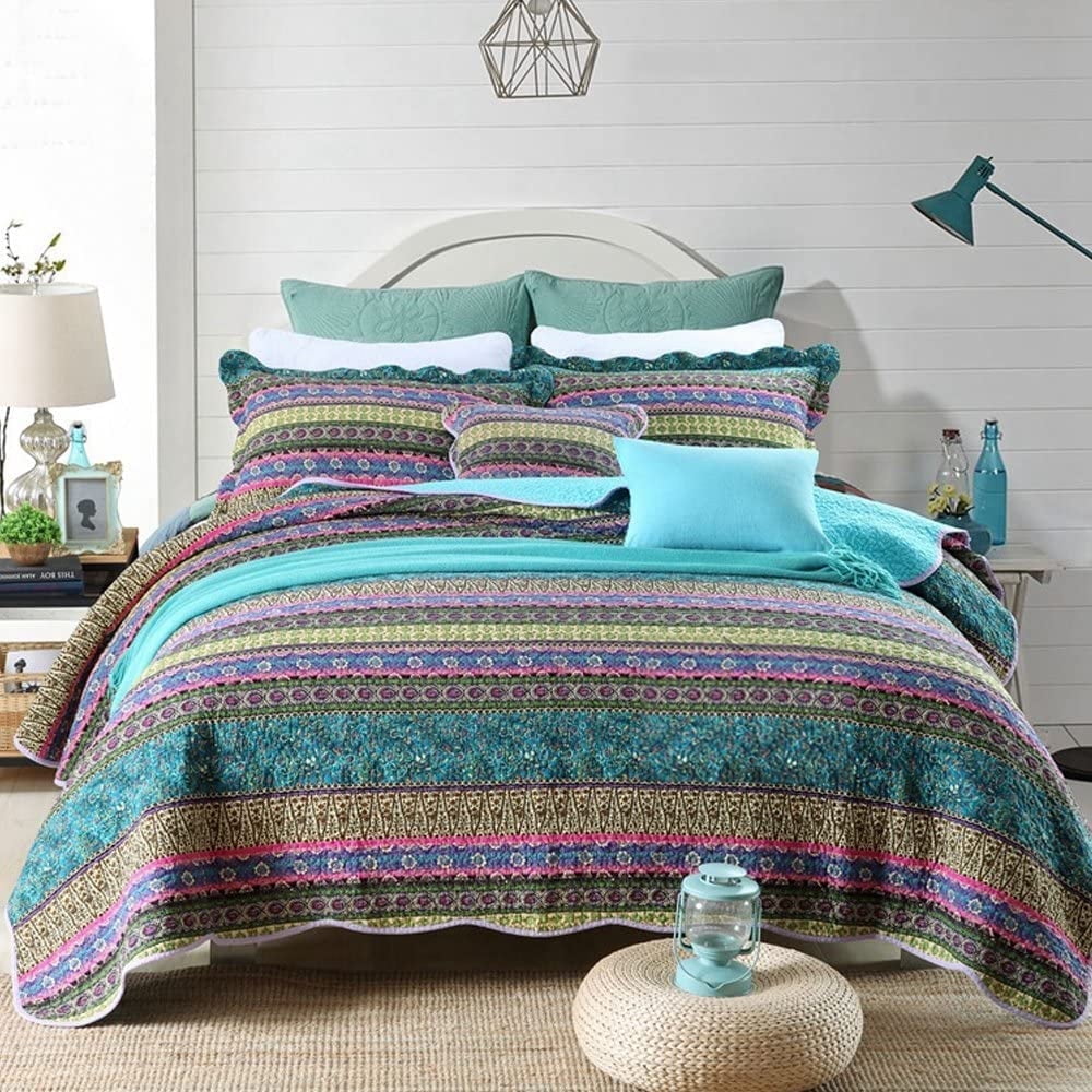 NEWLAKE Cotton Bedspread Queen Quilt Sets Reversible Patchwork Coverlet Set, Blue Striped Jacquard Pattern