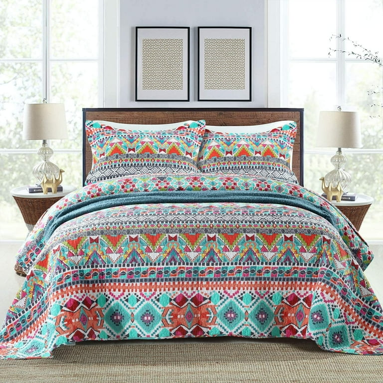 NEWLAKE 3-Piece Cotton Patchwork Quilt Set, Queen Size | Striped Jacquard, Reversible
