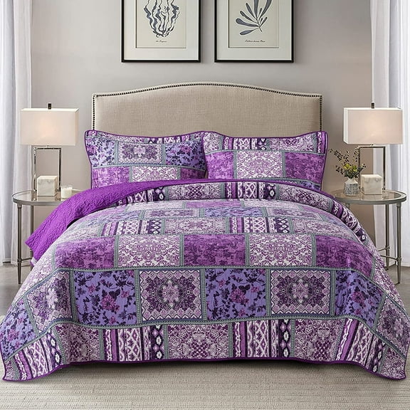 NEWLAKE Cotton Bedspread Queen Quilt Sets Reversible Patchwork Coverlet Set, Purple Classic Bohemian Pattern