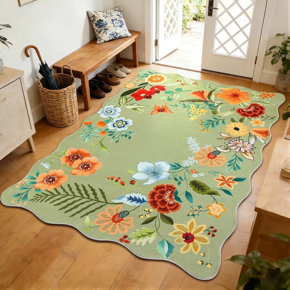 NEWLAKE Green Floral Area Rugs for Living Room 5'x7' Machine Washable Rug, Non-Slip Backing