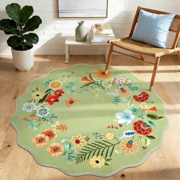 NEWLAKE Green Floral Area Rug, 3' Round, Machine Washable Rug, Non-Slip Backing