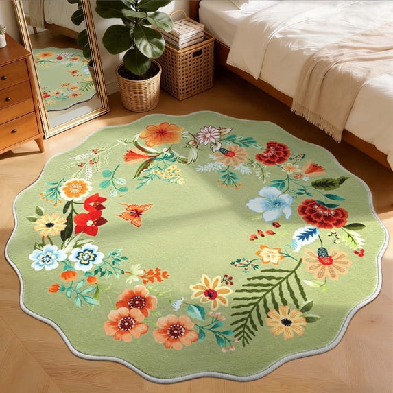 NEWLAKE Green Floral Area Rug, 4' Round, Machine Washable Rug, Non-slip Backing