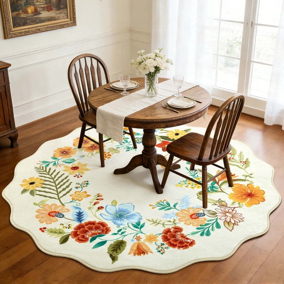 NEWLAKE Creamy Beige Floral Area Rug, 5' Round, Machine Washable Rug, Non-Slip Backing
