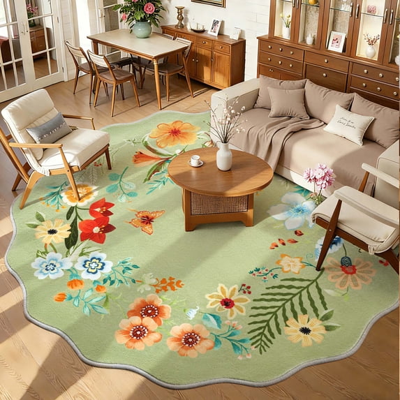 NEWLAKE Green Floral Area Rug, 8' Round, Machine Washable Rug, Non-Slip Backing