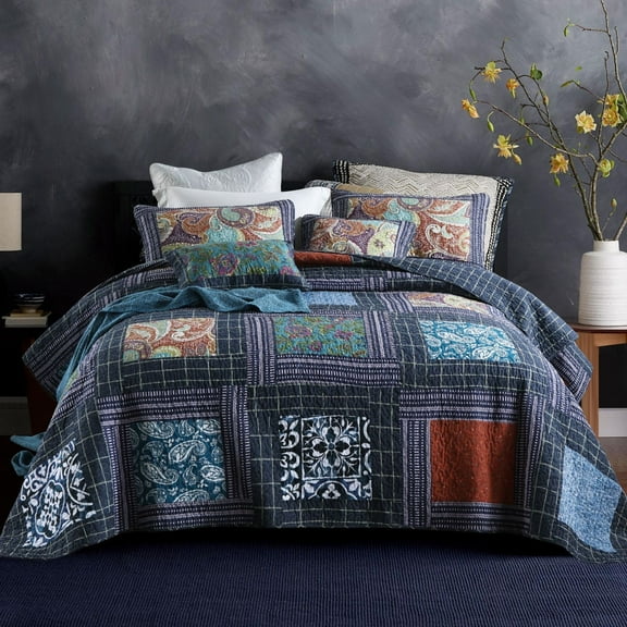 NEWLAKE Navy Blue Floral Cotton Patchwork Quilt with Shams, King