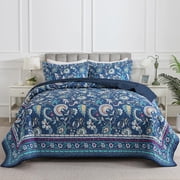 NEWLAKE Queen Quilt Bedding Sets Floral Quilt Bedding Sets 3-Piece Microfiber Reversible Bedspreads Patchwork Coverlet Rustic Bedding Set, Blue Quilt