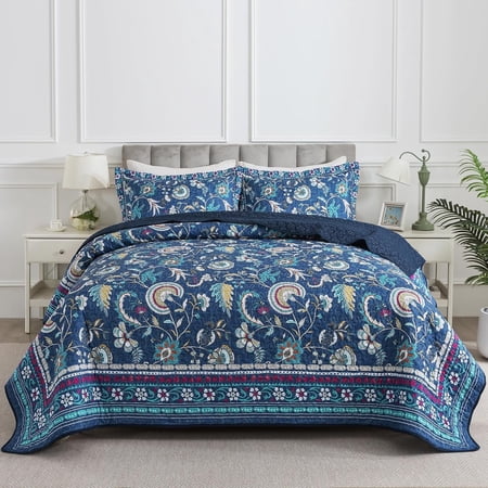 NEWLAKE Queen Quilt Bedding Sets Floral Quilt Bedding Sets 3-Piece Microfiber Reversible Bedspreads Patchwork Coverlet Rustic Bedding Set, Blue Quilt