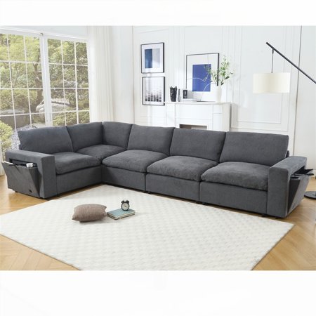 [Modern Minimalist Linen 5-seat Sectional Sofa with Wireless Charging & Cup Holders]