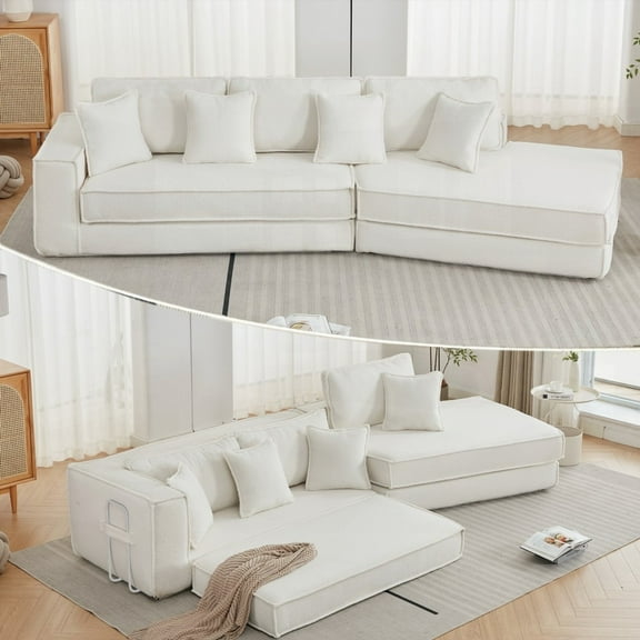 [NEWLY IN STOCK] [VIDEO AVAILABLE] Convertible Sofa Bed - 3-seat, Lamb Velvet - Foldable for Extra Space (Beige)