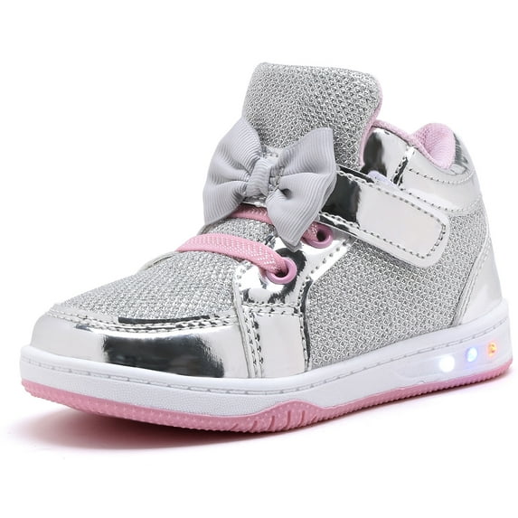 NEWMALL Toddler Glitter Shoes Girls Flashing Cute Bowknot Sneakers (8 Toddler,Silver)