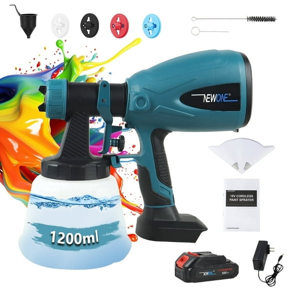 NEWONE Cordless Paint Sprayer 1200ML Container 2000mAh Battery Charger 800W Power High HVLP Spray Paint Gun with 4 Nozzles Easy to Clean for Furniture Cabinets Fence Walls Door Works Garden Chairs
