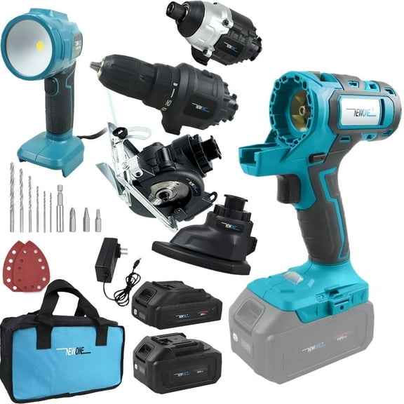 NEWONE Cordless Power Tool Combo Kit 18V 5 Attachments Work Light, Circular Saw, Palm Sander, Drill, Impact Driver 2 Batteries and Fast Charger Cordless Power Tool Set 