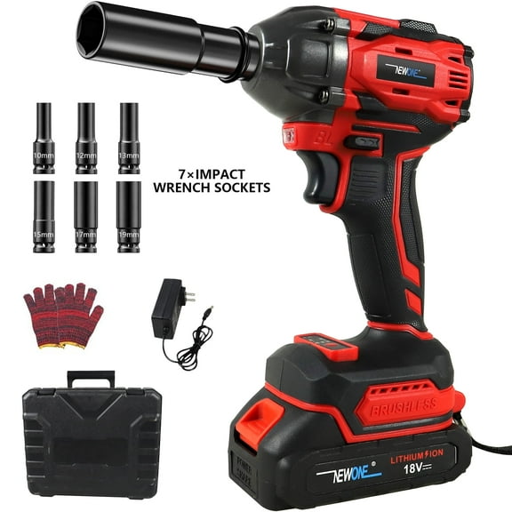 NEWONE Impact Wrench 1/2" Impact Driver Power Max Torque 295ft-bls (400N.m) Cordless Impact Gun with Brushless Motor, 2.0Ah Li-ion Battery with Fast Charger, 7 Pcs Impact Sockets