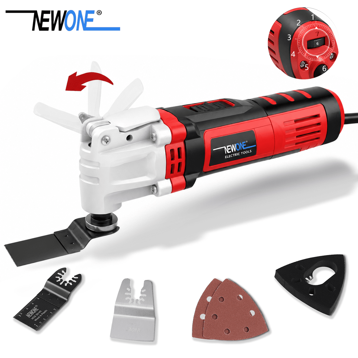NEWONE Oscillating Multi Tool Kit 4 Amp with 4° Oscillation Angle 6 Variable Speed Quick Clamp System with 5pcs Multitool Blades for Cutting Sanding Grinding