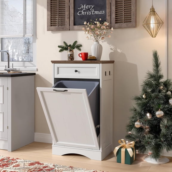 NEWOWNDS Tilt Out Trash Can Cabinet 13 Gallon Hidden Trash Garbage Can Cabinet with Drawer,Waterproof Cutting Board, Proof Hidden Garbage,Laundry Bathroom, White