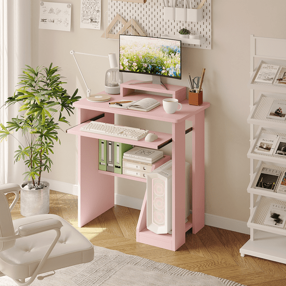 NEWSENDY 29in Computer Desk with Monitor Stand and Keyboard Tray for Small Space, Wood PC Laptop for Bedroom, Writing Table with Shelves for Living room,Pink
