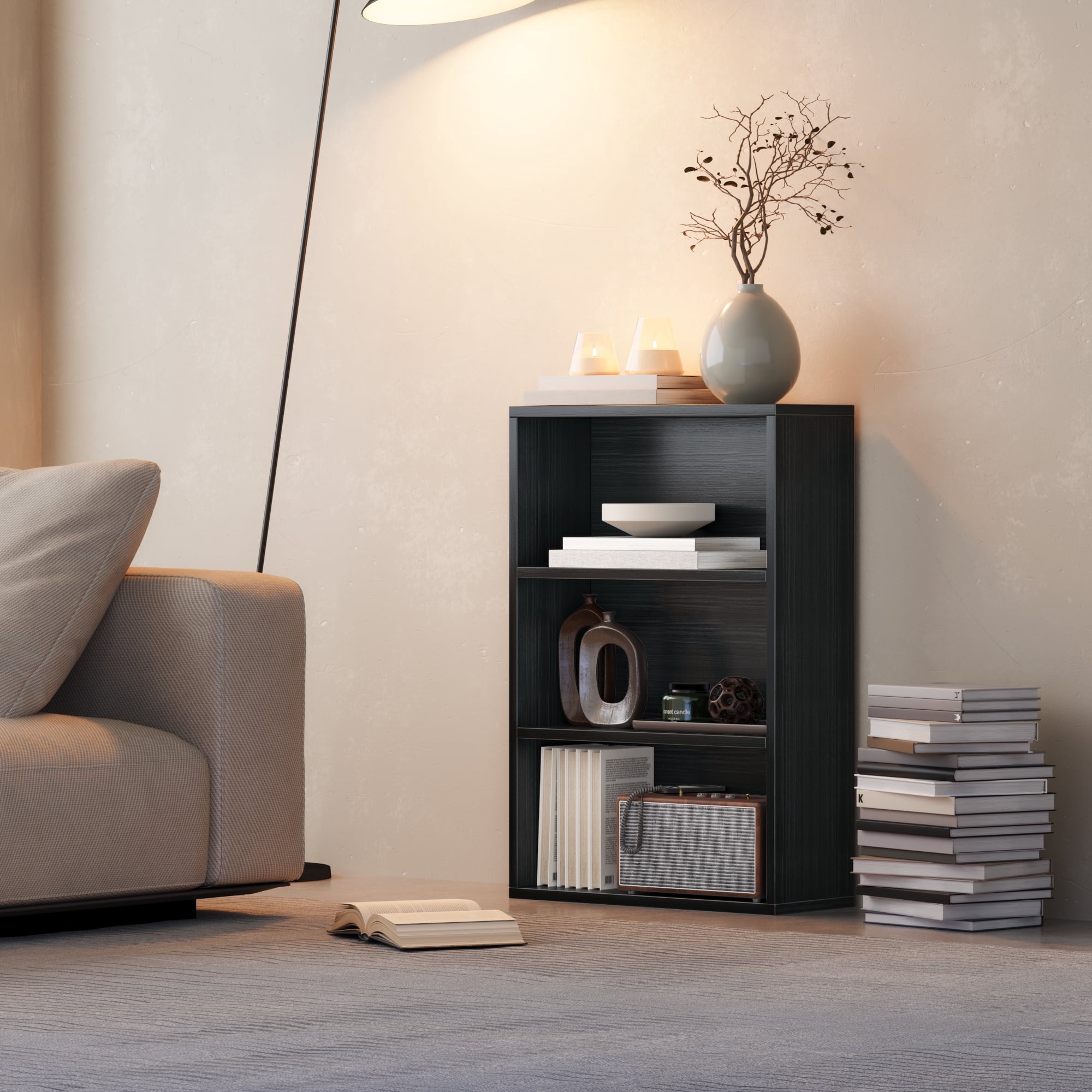 NEWSENDY 3 Shelf Bookshelf,Wood Tall Bookshelf and Bookshelves, 3-Tier Cube Display Shelves,Multifunctional Storage Organizer Shelving for Bedroom Library Living Room Home Office,Black