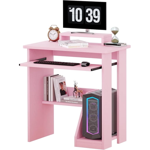 NEWSENDY 30 Inch Gaming Desk Computer Desk with Keyboard Tray Monitor Stand Storage Shelves CPU Stand, Industrial Small Desk for Small Spaces, Home Office Desk, Pink