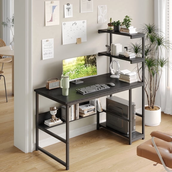 NEWSENDY 43.3 Inch Computer Desk with Shelves, Industrial Style Corner Table for Small Home Offices or Study Spaces Black