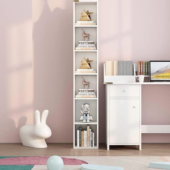 NEWSENDY 68.5 Inches Small Tall Narrow Corner Bookshelf, 6 Shelf Cubby Storage Organizer, Freestanding Storage Cabinet for Bedroom Library Living Room Home Office, White