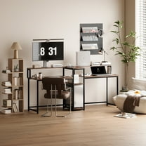 NEWSENDY 83.5 Inch 2 Person Computer Desk with LED Lights,Gaming Desk with Storag,Power Outlets and Monitor Stand,Study Writing Table for Home Office,Rustic Brown