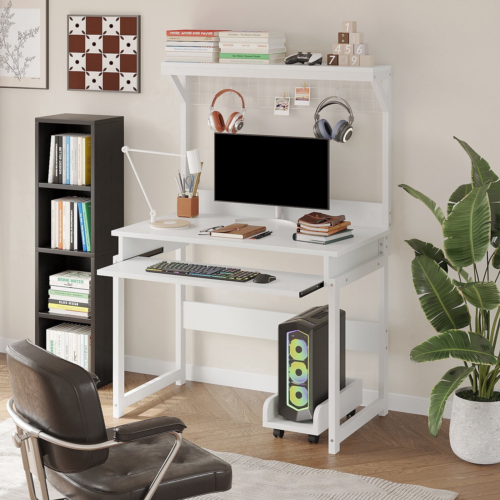 NEWSENDY Industrial Style Multi-tier Standing Computer Desk with Keyboard Tray & Storage Shelves, Sturdy Home Office Workstation for Adults