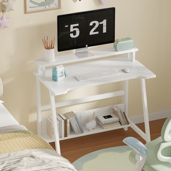 NEWSENDY Industrial Style Multifunctional Computer Desk with Raised Monitor Shelf & Open Storage, Sturdy Metal Frame, Adult Work & Study Desk