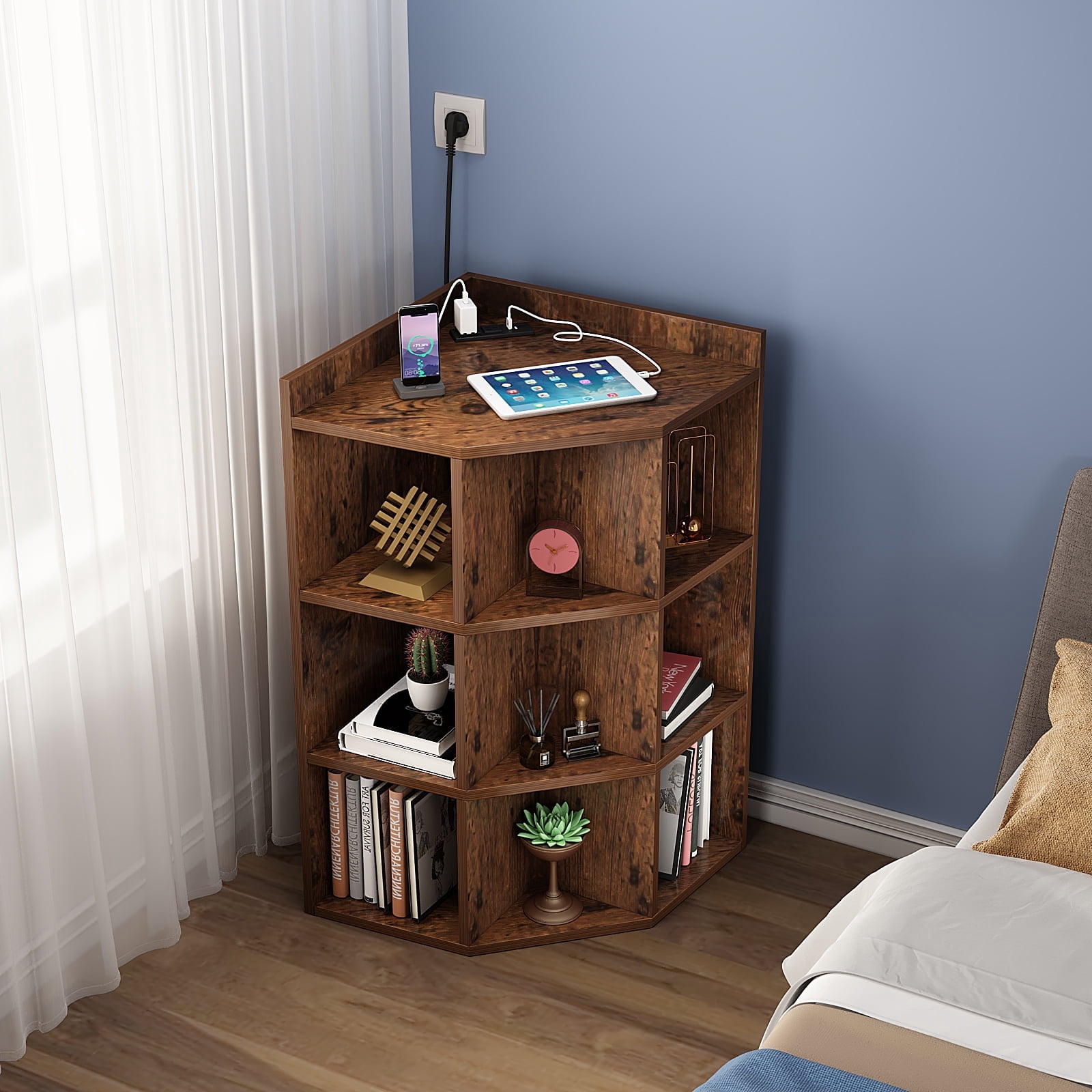 NEWSENDY Corner Cabinet,9 Cubby Corner with USB Ports and Outlets,3 ...
