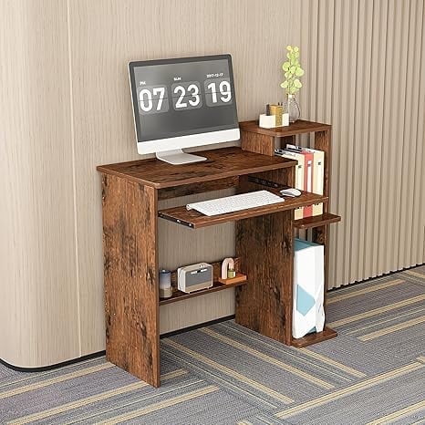 NEWSENDY Modern Home Office Computer Desk with 4-Tier Storage Shelves,Study Desk Writing Table with Bookshelf, Compact Computer Workstation for Home & Office, Space-Saving Design