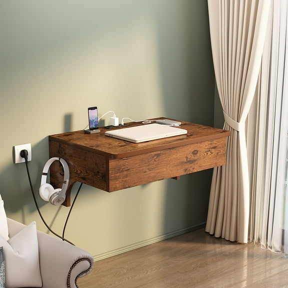 NEWSENDY Wall-mounted desk with drawers for office and study, integrated charging and storage