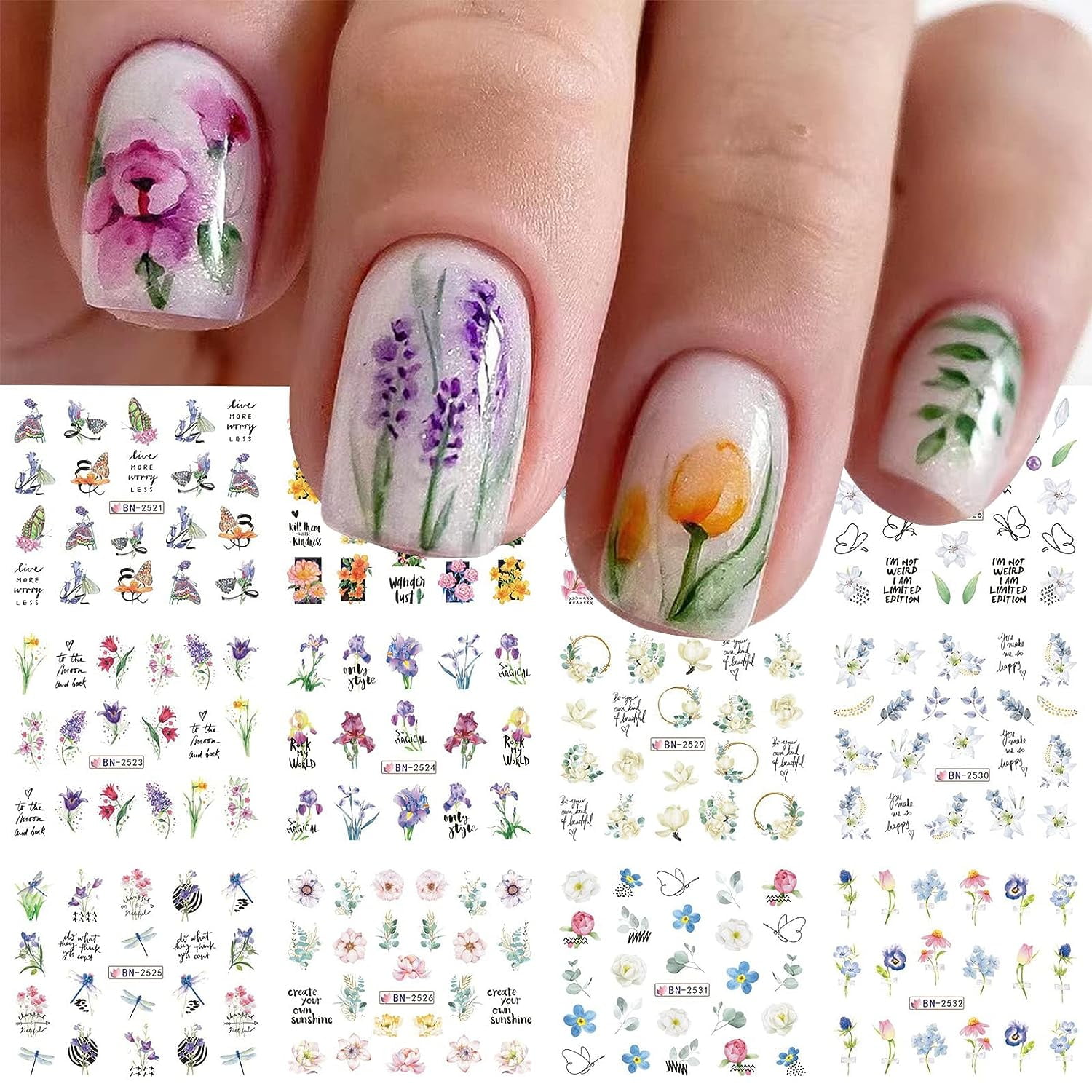 NEWSPIED 12 Sheets Flower Nail Art Stickers Decals Summer Lily Nail