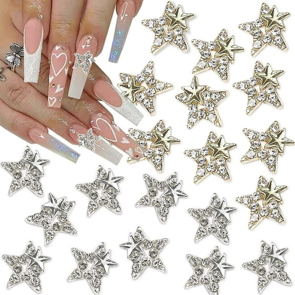 NEWSPIED 20Pcs Shiny Star Nail Charms 3D Stars Nail Gems Nail Rhinestones Silver Gold Nail Charms Crystal Star Nail Art Charms Metal Nail Designs for Women Acrylic Nails Decoration