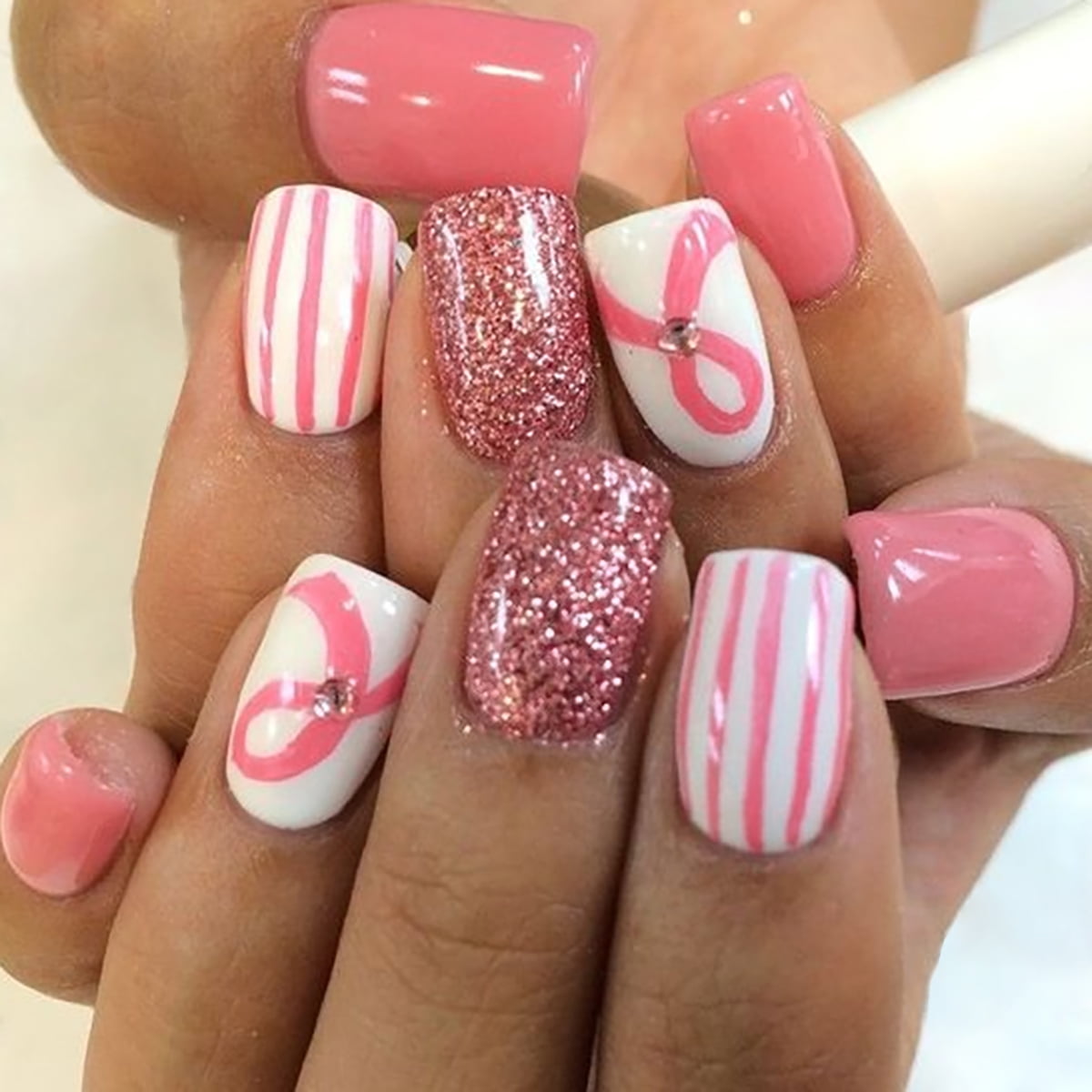 NEWSPIED 24Pcs Breast Cancer Press on Nails Short Square Pink Ribbon