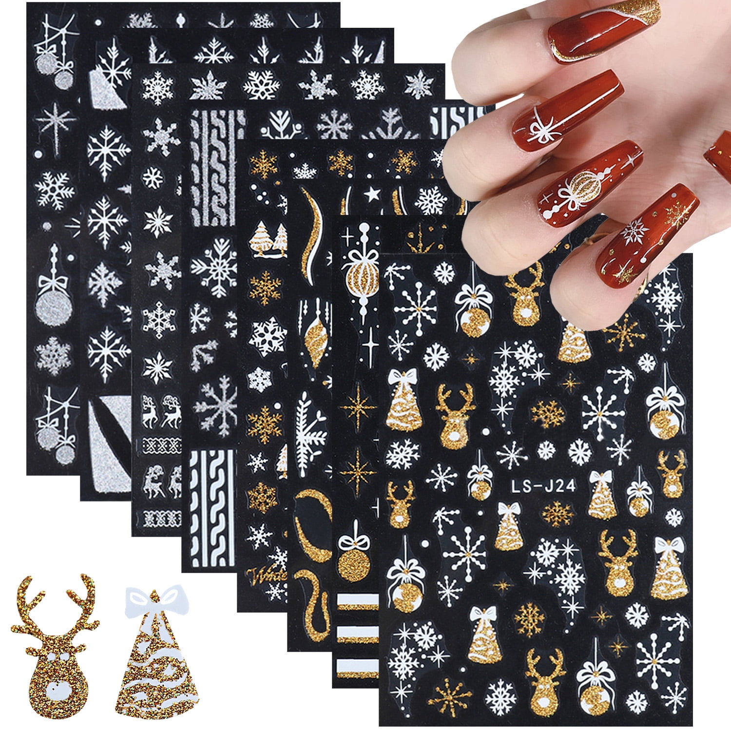 NEWSPIED 8 Sheets Christmas Nail Art Stickers 3D Snowflake Nail ...