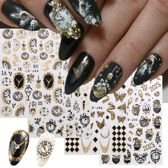 NEWSPIED 8 Sheets Christmas Nail Art Stickers Clock Nail Design 3D Self-Adhesive Nail New Years Decals Xmas Nail Stickers Winter Bell Elk Penguin Nail Stickers for Women Girls Nail Decoration
