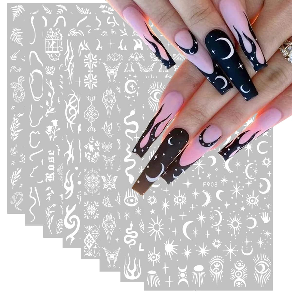 NEWSPIED 8 Sheets White Nail Art Stickers 3D Gothic Nail Decals Designer Nail Art Supplies Goth Snake Moon Star Rose Leaf Flame Butterfly Lines Nail Stickers for Acrylic Nails Nail Decoration