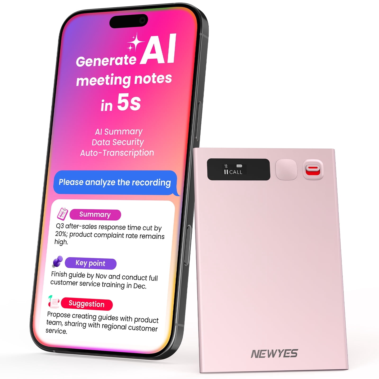 NEWYES AI Voice Recorder,Ailog Smart Audio Recorder, App Control, Transcribe & Summarize, 188+ Languages Translation, 64GB Memory, Audio Recorder for Meetings, Lectures, Calls, Business, Class