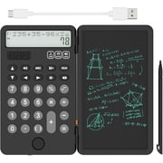 NEWYES Portable Basic Calculator with Notepad Writing Tablet,2 Line Display 12 Digits Large Display Rechargeable Solar Power for Primary and Middle School Students, Office Black