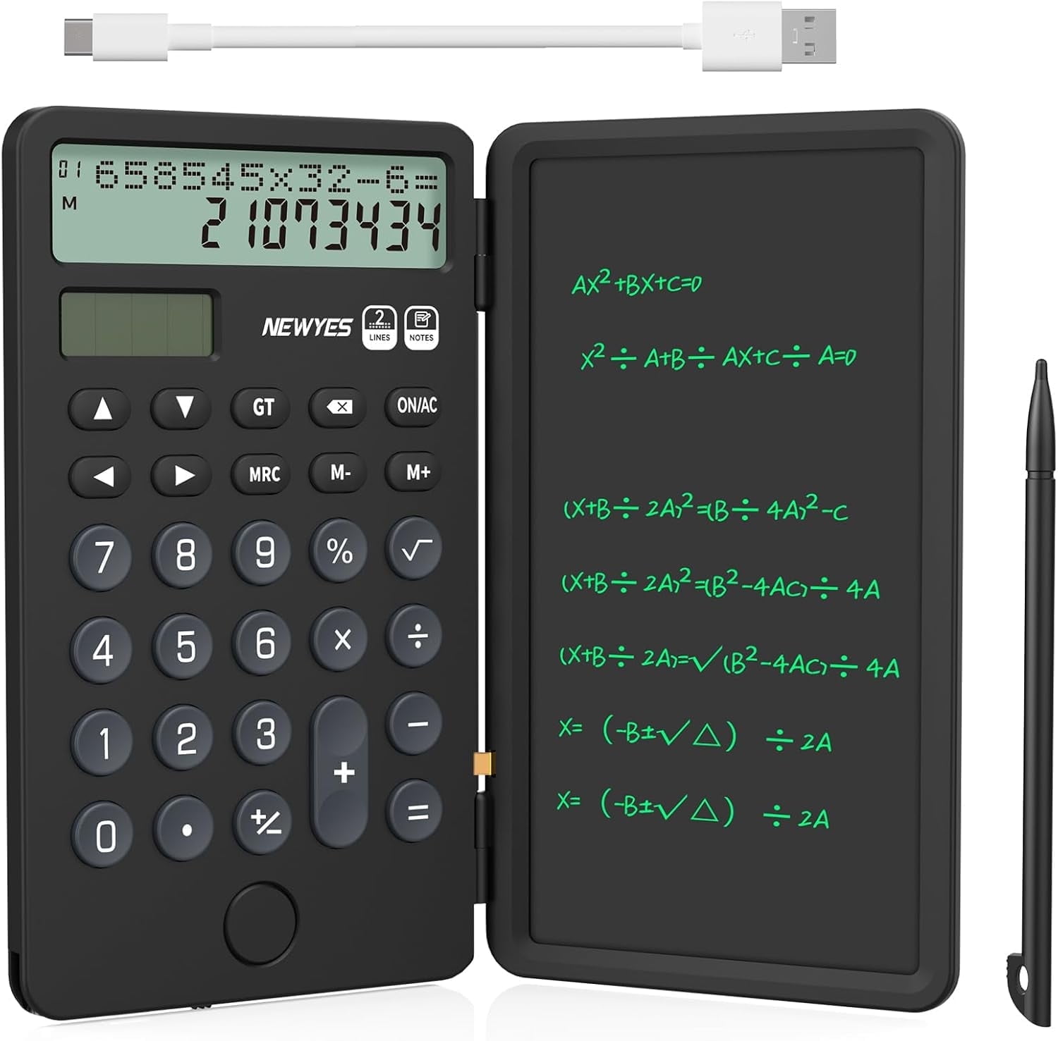 NEWYES Portable Basic Calculator with Notepad Writing Tablet,2 Line Display 12 Digits Large Display Rechargeable Solar Power for Primary and Middle School Students, Office (Black)