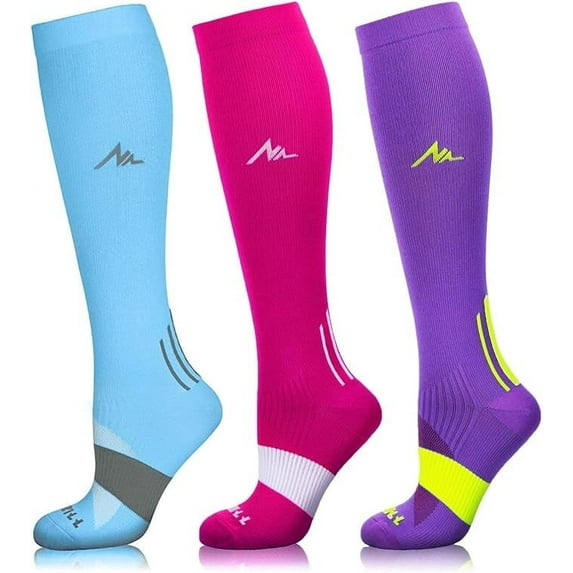 NEWZILL Medical Compression Socks for Women & Men, 20-30 mmHg Circulation Support – Ideal for Running, Athletics, Hiking, Travel, Flights, and Nurses (3 Pairs: Blue/Pink/Purple, S/M)