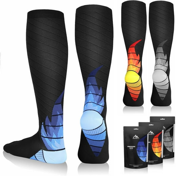 NEWZILL Medical Compression Socks for Women & Men, 20-30 mmHg Circulation Support – Ideal for Running, Athletics, Hiking, Travel, Flights, and Nurses (3 Pairs: Flame/Blue Flame/Gray Flame, S/M)