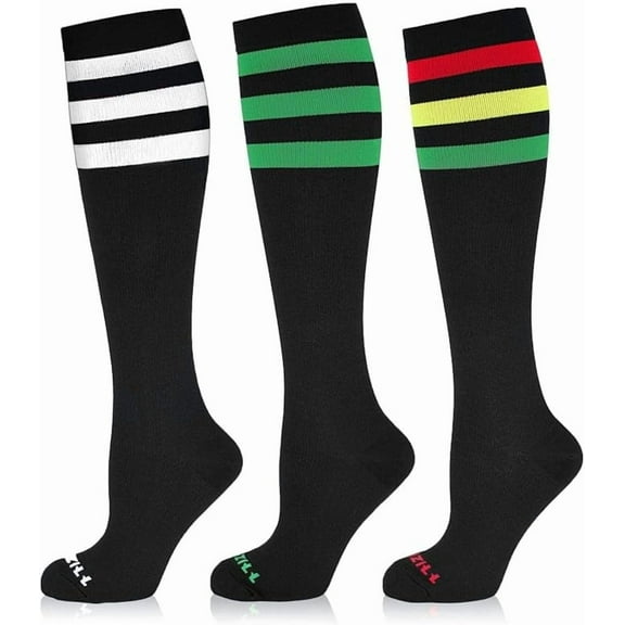 NEWZILL Medical Compression Socks for Women & Men, 20-30 mmHg Circulation Support – Ideal for Running, Athletics, Hiking, Travel, Flights, and Nurses (3 Pairs Stripes Black/Multicolor, XXL)