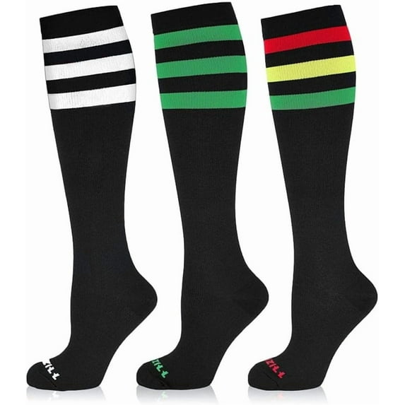 NEWZILL Medical Compression Socks for Women & Men, 20-30 mmHg Circulation Support – Ideal for Running, Athletics, Hiking, Travel, Flights, and Nurses (3 Pairs Stripes Black/Multicolor, XXL)