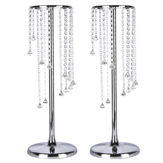 NEWZQ 2Pcs Wedding Flower Vase Holder Table, Freestanding Bonquet Display Table, Elegant Spiral Crystal Curtain Vase Holder for Wedding Party Decorations (27.6" Tall, Silver)