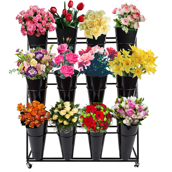 NEWZQ 3 Layers Metal Plant Display Stand with 12 Plastic Plant Pots Black