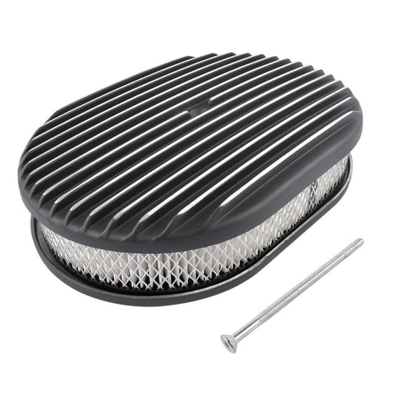NEWZQ Polished Aluminum 12" Oval Full Finned Air Cleaner Assembly for Chevy Ford Mopar Black 1Pc
