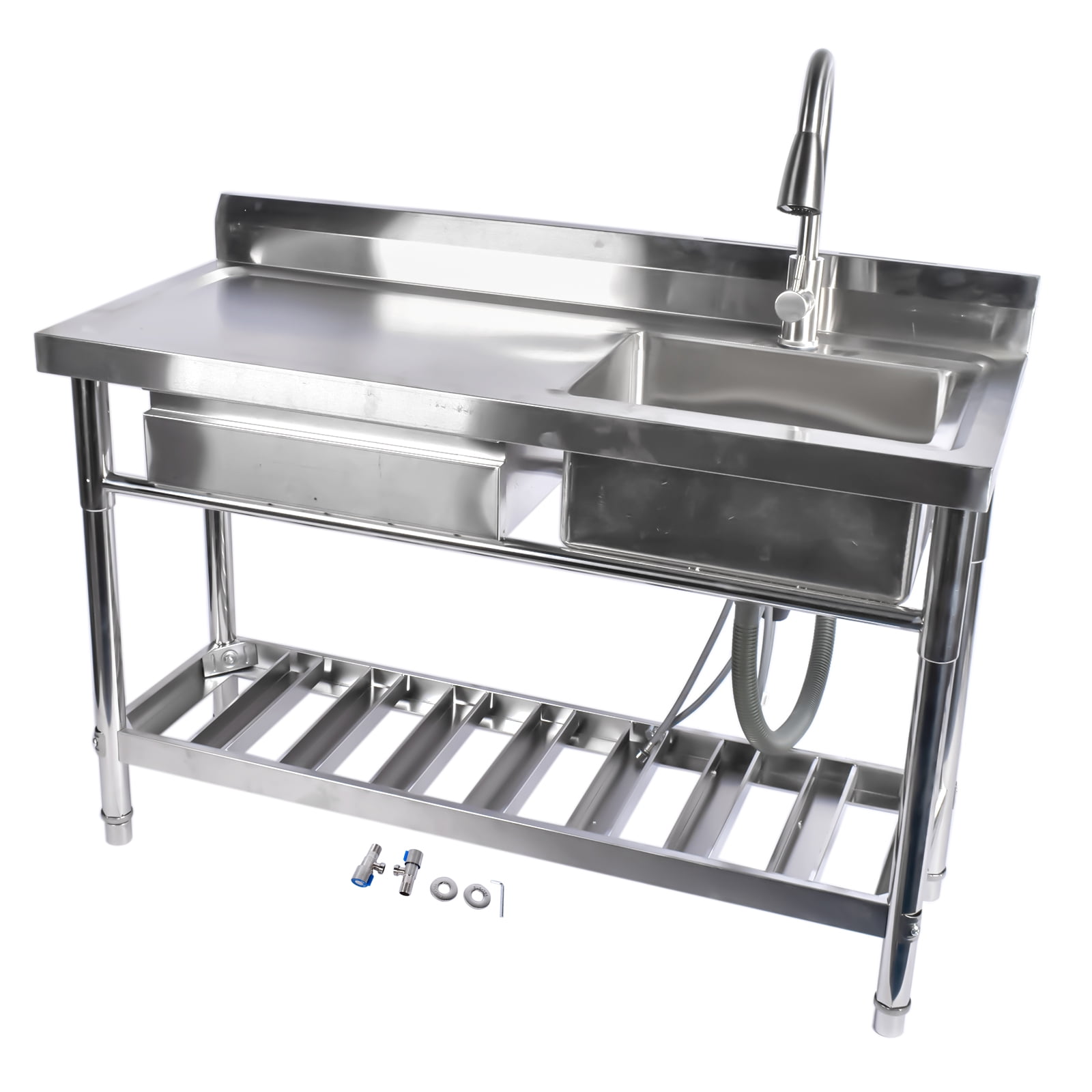 NEWZQ Stainless Steel Kitchen Sink Commercial Freestanding Utility Sink Hot and Cold Water Pipe Single Sink with Drain Board and Pull-out Faucet (47", Right Sink)