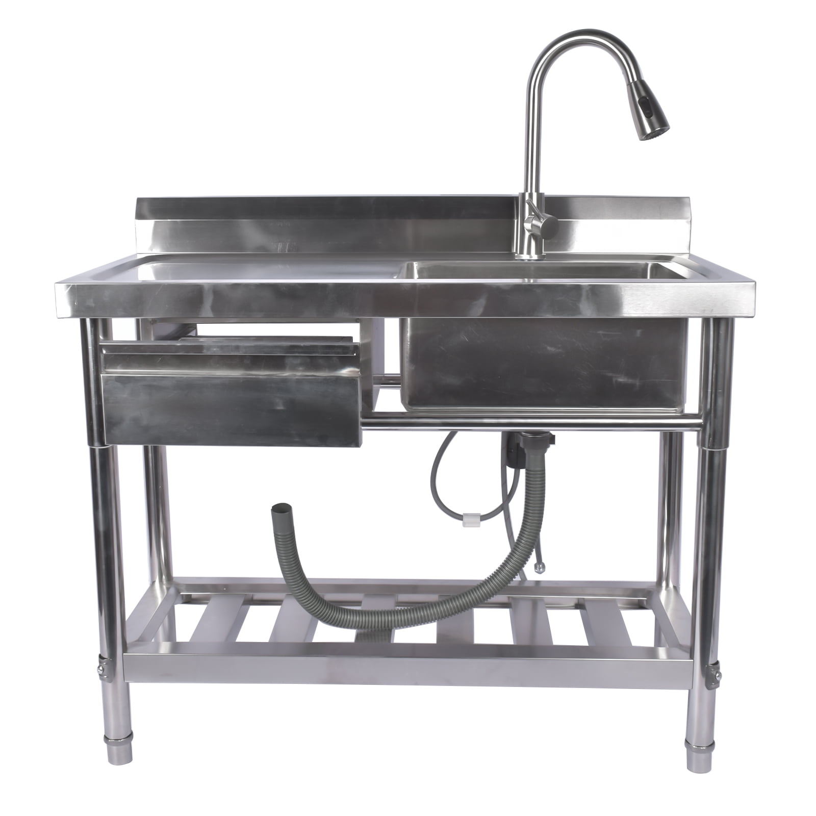 NEWZQ Stainless Steel Kitchen Sink Commercial Freestanding Utility Sink Hot and Cold Water Pipe Single Sink with Drain Board and Pull-out Faucet (39", Right Sink)